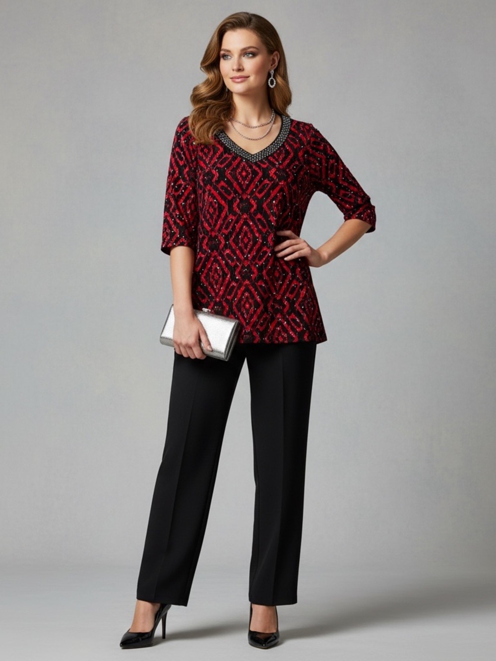 Women’s Red and Black Geometric Tunic with Embellished Neckline